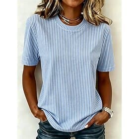 Women's T Shirt Print Graphic Geometric Striped Stylish Classic Casual Short Sleeve Crew Neck Round Neck Regular Tops Casual Daily Blue White-Blue Dusty Blue S