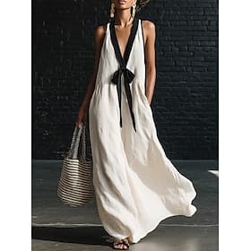 Women's Maxi Dress Linen-feel Dresses Sundress A Line Dress Summer Dress Casual Daily Party Holiday Loose Fit Plain Sleeveless V Neck Blue Light Yellow White R