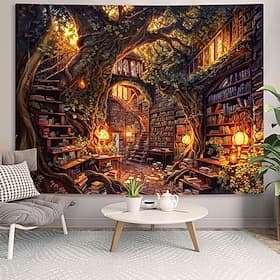 Fantasy Magic Tree Library Wall Tapestry Ancient Treehouse Bookshelf Wall Hanging Spiral Staircase Warm Light Art Large Fabric Poster for Reading Nook Bedroom