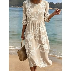 Women's Midi Dress Sundress Summer Dress Vacation Casual Boho Holiday Regular Fit Floral Graphic 3/4 Length Sleeve Crew Neck Blue Pink Purple Green Summer Spri