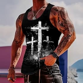 Herren Crusaders Bibel Drei Heilige Kreuze Golgatha Abgenutzt Christlich Religiös Vintage Tanktop Grafik Muskel-Passform Ärmellos Fitness Freizeit Sommer Stree