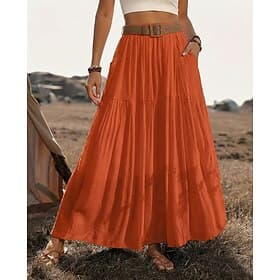 Femmes Taille Asiatique Jupe de vacances Occasionnel Été Maxi Taille haute Jupes Couleur Unie Froncé Plissé Avec Poches Non Elastique Quotidien Vacances Vert p