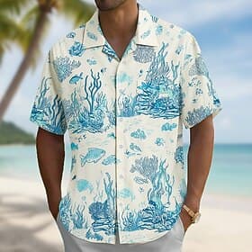 Men's Fish Sea Creatures Coral Shirt Cuban Collar Shirt Summer Hawaiian Shirt Short Sleeve Hawaiian Vacation Holiday Beach Wear Summer Spring Camp Collar Shirt