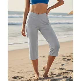 Women's Capri Pants Leggings Vacation Streetwear Basic Capris Medium Waist Plain Pocket Elastic Waistband Comfy Comfort Stretchy Daily Outdoor Yoga Light Gray