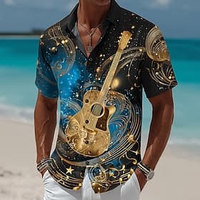 Men's Guitar Musical Instrument Musical Notes Shirt Summer Shirt Button Up Shirt Short Sleeve Vintage Retro Outdoor Music Festival Beach Vacation Wear Summer S