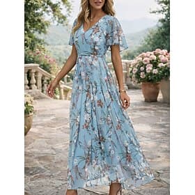 Women's Midi Dress Chiffon Dress Cocktail Dress Floral Dress Print Dress Fashion Modern Outdoor Vacation Tea Party Regular Fit Flower Short Sleeve V Neck Blue