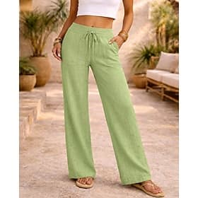 Women's Linen-feel Pants Summer Pants Vacation Basic Full Length Medium Waist Plain Drawstring Comfort Micro-elastic Daily Blue Depression Green Apricot Grey S