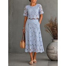 Women's Skirt Sets Short Sleeve Crew Neck Round Neck Floral Graphic Plain Hole Elegant Fashion Casual Daily Outdoor Blue Summer Regular Fit