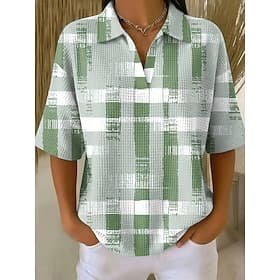 Women's Waffle T-shirt Textured Knit Tops Graphic Geometric Elegant Vintage Stylish Half Sleeve Polo Collar Regular Tops Casual Daily Blue Yellow Green Summer