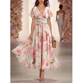 Women's Maxi Dress Chiffon Dress Floral Dress Elegant Fashion Modern Daily Vacation Weekend Regular Fit Floral Short Sleeve V Neck Pink Summer Spring