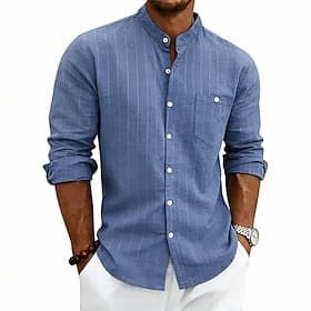 Men's Shirt Linen Shirt Summer Shirt Beach Shirt Stripe Casual Vacation Blue Black White Khaki Long Sleeve Mandarin Collar Summer Spring Clothing Apparel Pocke