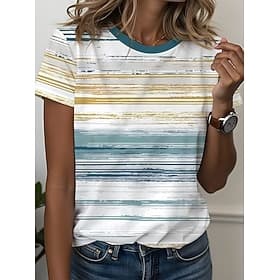 Women's T Shirt Print Striped Graphic Geometric Striped Stylish Classic Casual Short Sleeve Crew Neck Regular Tops Casual Daily White-Blue Light Pink Pink Ligh