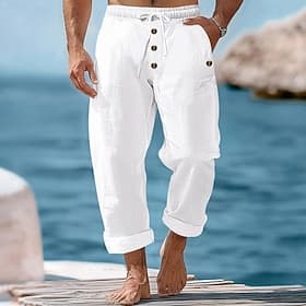 Homme Pantalon en coton et lin Pantalons Pantalon d'été Pantalons Amples Pantalons de Plage Cordon de serrage Taille Élastique Couleur Unie Confort Respirant L