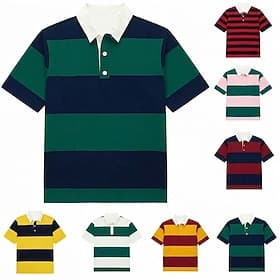 Men's Horizontal Stripes Rugby Polo Short Sleeve Polo Shirts Lapel Casual Athleisure Daily Wear 3D Print Buttons Spring  Summer Blue Red 3 Yellow
