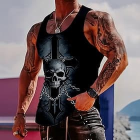 Men's Gothic Skull and Cross Metal Chains Biker Rock Punk Edgy Dark Tank Top Graphic Muscle Fit Sleeveless Gym Fitness Streetwear Casual Designer Clothing Appa