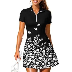 Women's Floral Tennis Dress Short Sleeve Print Breathable Tennis Golf Badminton Collar Polo Collar Dress Black with White Army Green Red Tennis Clothing