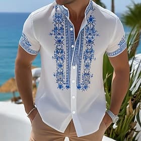 Herren Geometrisch Ethnisch Hemd Knopfhemd Stehkragenhemd Kurzarm Vintage-Retro Urlaub Alltagskleidung Strandbekleidung Sommer Frühling Mandarinkragen 3D-Druck