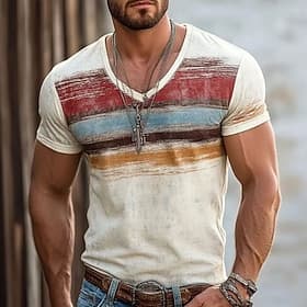Men's Distressed Retro Multi Color Horizontal Stripes Vintage 70s Aesthetic T Shirt Tee Graphic Slim Muscle Fit V Neck Summer Casual Daily Wear Designer Clothi