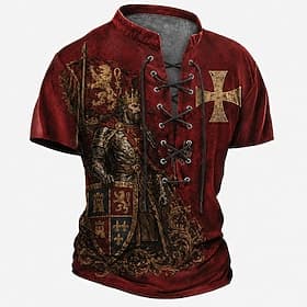 Knights Templar Crusader Armor Red Cross Raven Men's Medieval Renaissance Vintage Gothic Henley Shirt All Over Print Lace Up Short Sleeve Renaissance Faire Cos