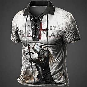 Men's Templar Cross Polo Shirts Short Sleeve Polo Shirts Lace Up Neck Vintage Casual Streetwear Daily Wear 3D Print Breathable Mesh Spring  Summer Black Brown thumbnail 3