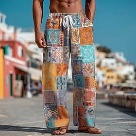 Men's Boho Color Block Patchwork Trousers Pants Trousers Baggy Pants Mid Waist Ethnic Vintage Retro Home Outdoor Vacation Drawstring Elastic Waist Wide Leg Sum