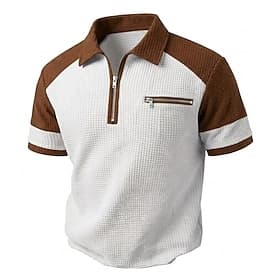 Men's Waffle Polo Shirts Polo Casual Daily Zip Quarter Zip Short Sleeve Fashion Basic Color Block Checkered Zipper Lightweight Spring  Summer Summer Spring Tai
