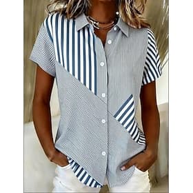 Women's Shirt Graphic Geometric Striped Vintage Tropical Stylish Short Sleeve Shirt Collar Regular Tops Casual Daily White and Blue WhiteYellow Summer Spring
