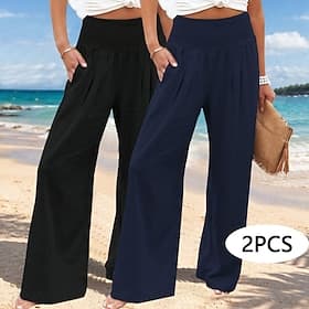 Multi Packs 2pcs Women's 100% Cotton Summer Pants Wide Leg Trousers Vacation Fashion Basic Full Length High Waist Plain Baggy Breathable Micro-elastic Daily St