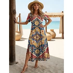 Women's Midi Dress A Line Dress Casual Beach Regular Fit Graphic Geometric Short Sleeve Crew Neck Blue Yellow Purple Green Summer Spring