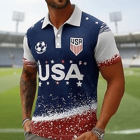 2026 Soccer Cup Men's Soccer Polo Shirts Short Sleeve Polo Shirts Lapel Casual Athleisure 3D Print Buttons Spring  Summer Blue