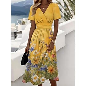 Women's Midi Dress Shift Dress Vacation Casual Boho Daily Summer Dress Spring Dress Regular Fit Floral Graphic Short Sleeve V Neck Blue Yellow Pink Light Red S