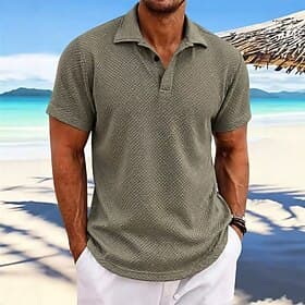 Homme Polo en seersucker Ice Silk Texturé Occasionnel Vacances Col Rabattu Manche Courte Mode Basique Uni Boutons Refroidissement Printemps  Été Bleu Blanche V