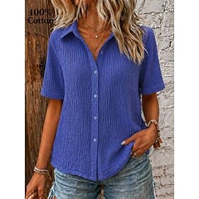 Women's 100% Cotton Button Down Shirt Casual Shirt Solid Color Plain Classic Short Sleeve Regular Tops Casual White Navy Blue Purple Summer thumbnail 2