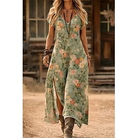 Women's Maxi Dress Boho Sundress A Line Dress Vacation Casual Boho Beach Going out Regular Fit Floral Graphic Short Sleeve V Neck Blue Light Green Summer Sprin