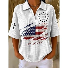American Independence Day Women's Waffle T-shirt Textured Knit Tops Graphic American Flag Elegant Vintage Stylish Half Sleeve Polo Collar Regular Tops Casual D