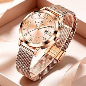 Ladies Watch Rose Gold, Waterproof Stainless Steel Mesh Band Women's Wristwatch, Elegant Sunray Dial with Date  Diamonds, Business Fashion Dress Watch Gift for