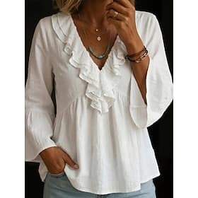 Women's Linen-feel Shirts Blouse Ruffle Solid Color Stylish Casual Long Sleeve V Neck Regular Tops Daily Blue White Yellow Pink Summer Spring Fall