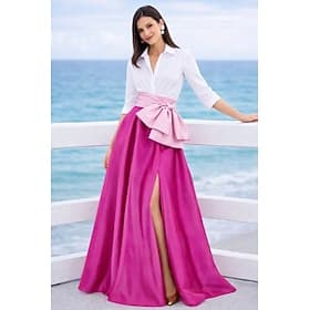 Ligne A Longueur au sol Robe de Derby Robe de Soirée Tenue de soirée Élégant Fente Haute Manche 3/4 Col de chemise Mariage Formel Ceinture / Écharpe Satin avec