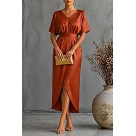 Women's Midi Dress Satin Dress Party Dress Cocktail Dress Elegant Modern Evening Party Party Regular Fit Plain Short Sleeve V Neck Black Yellow Royal Blue Dark