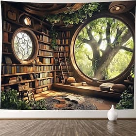 3D Magic Library Wall Tapestry Fantasy Bookcase Window View Wall Hanging Ancient Tree Nature Scenery Large Fabric Poster for Reading Nook Study Room Bedroom Bo