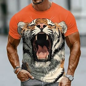 Men's Fierce Roaring Tiger Open Mouth Sharp Teeth Big Cat Wildlife Graphic T Shirt Crew Neck Short Sleeve Orange Regular Fit Casual Streetwear Designer Clothin