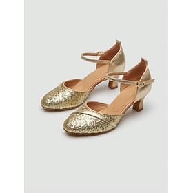Women's Gold Glitter Closed Toe Ballroom Dance Heels, Ankle Strap Standard Dance Shoes for Waltz, Foxtrot, Tango Practice  Performance