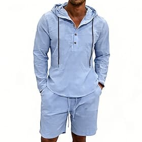 Men's Linen Shirt 2 Piece Popover Shirt And Shorts Linen Shorts Beach Shorts Set Plain Daily Outdoor Vacation Hooded Long Sleeve Summer Fashion Casual Comforta