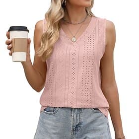 Women's Texture Blouse Eyelet Top Pointelle Tee Tank Top Eyelet Solid Color Fashion Classic Casual Sleeveless V Neck Regular Tops Casual Daily Beach Black Whit
