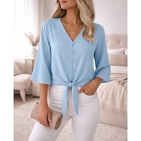Easter Women's Summer Tops Solid Color Plain Elegant Stylish 3/4 Length Sleeve Ruffle Sleeve V Neck Regular Tops Casual Black Yellow Light Green Pink Wine Summ