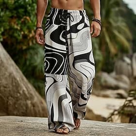Men's Geometric Waves Abstract Art Trousers Casual Pants Baggy Pants Mid Waist Boho Home Outdoor Vacation Elastic Drawstring Waist Linen-Like Pants with Pocket