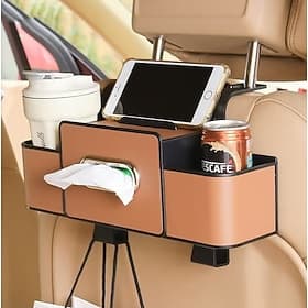 3 in 1 Car Backseat Organizer, Faux Leather Back Seat Storage Organizer with Tissue Dispenser and Dual Cup Holders, Multifunctional Back Seat Car Organizer for