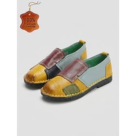 Bailarinas amarillas de piel de vacuno auténtica para mujer, con bloques de color, cosidas a mano, estilo casual, cómodas y de suela suave, ideales para uso di