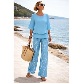Women's Pants Sets Half Sleeve Butterfly Sleeve Round Neck Graphic Geometric Elegant Vacation Casual Daily Beach Blue Pink Purple Spring  Summer Loose Fit