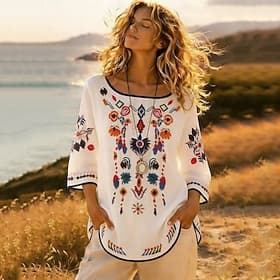 Women's Shirt Linen-feel Shirts Blouse Embroidered Print Floral Vintage Stylish Short Sleeve Crew Neck Crop Tops Outdoor Holiday Going out White Yellow Red Sum